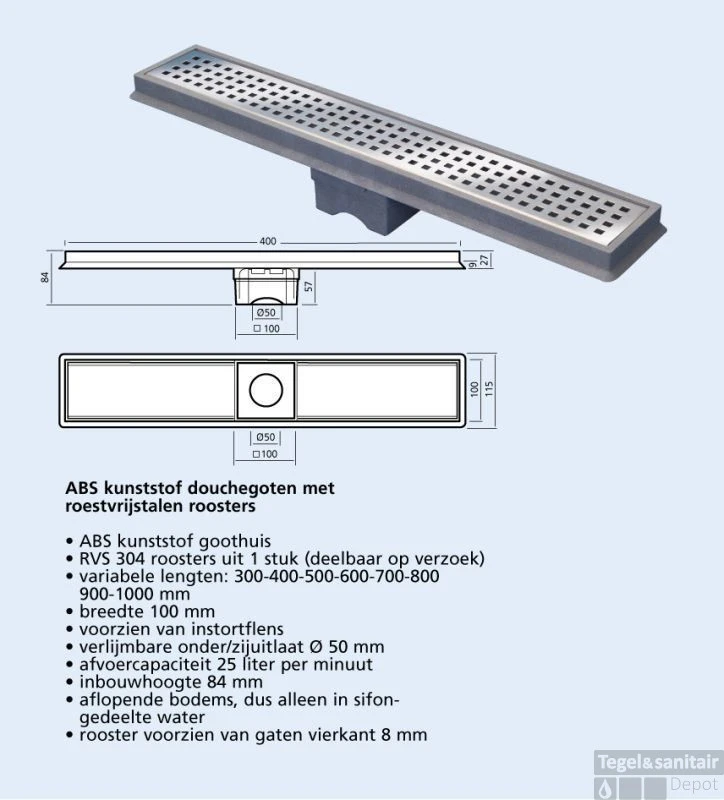 Berg Van Den Abs Douchegoot 40 Cm.onder-zij Uitlaat 50 Mm. Rvs 2 Berg Van Den Abs Douchegoot 40 Cm.onder-zij Uitlaat 50 Mm. Rvs - Afbeelding 2