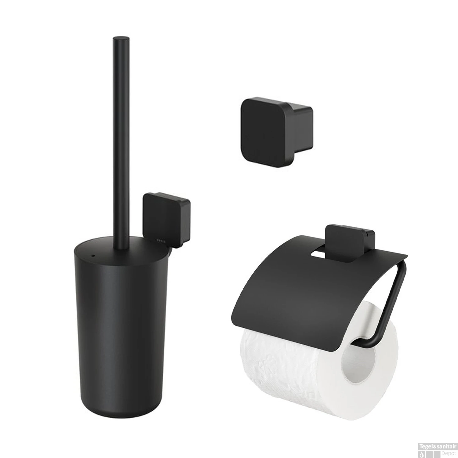 Accessoires Set Geesa Topaz Toiletborstelhouder Handdoekhaak Klein En Toiletrolhouder Mat Zwart