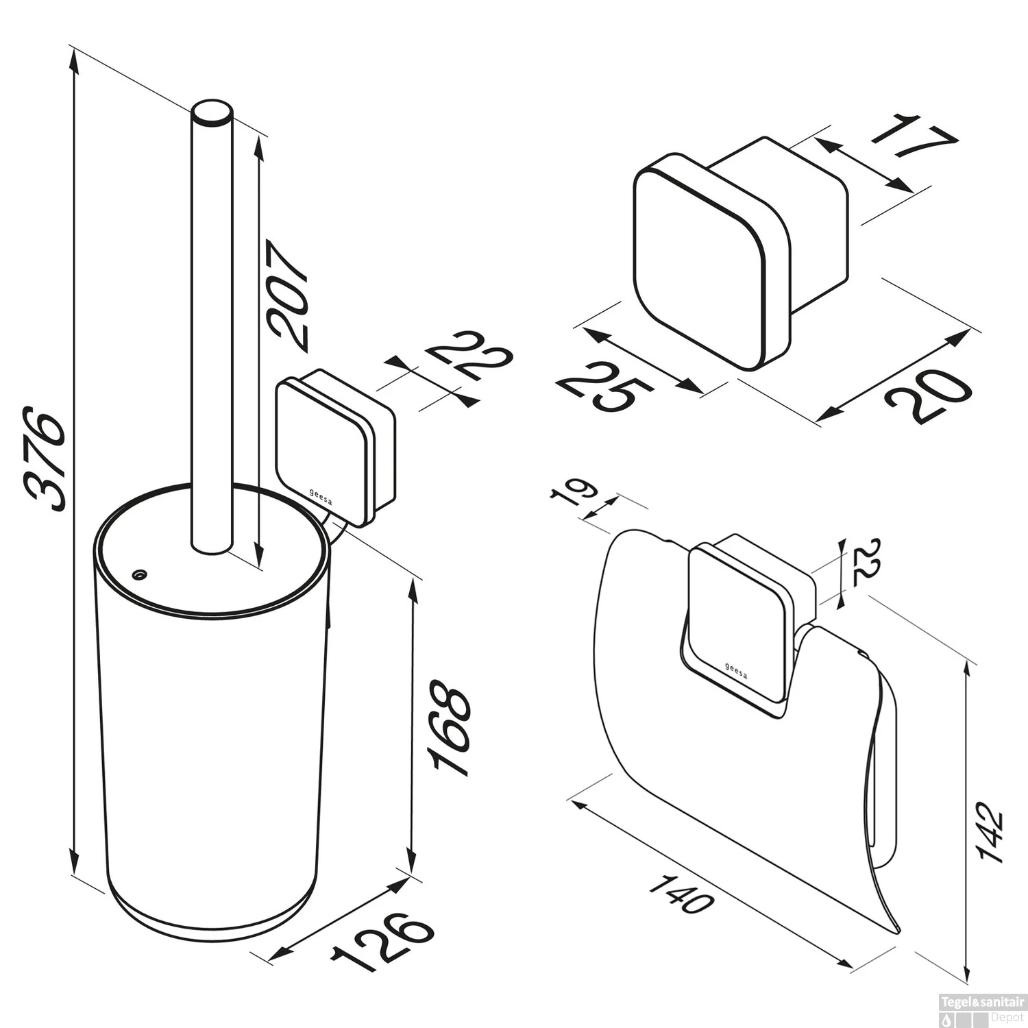 Accessoires Set Geesa Topaz Toiletborstelhouder Handdoekhaak Klein En Toiletrolhouder Mat Zwart - Afbeelding 2