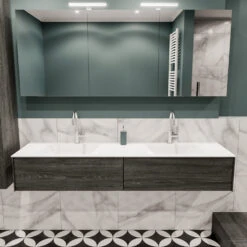 Badkamermeubel BWS Madrid Antraciet 180x45x30 Cm Mat Witte Solid Surface Wastafel Dubbel (2 Kraangaten, 2 Lades)