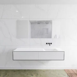 Badkamermeubelset Mondiaz LAGOM 170 Cm Rechtse Wastafel Solid Surface Zonder Kraangaten Mat Zwart (2 Laden)