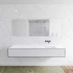 Badkamermeubelset Mondiaz LAGOM 200 Cm Rechtse Wastafel Solid Surface Zonder Kraangat Mat Zwart (2 Laden)