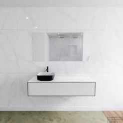 Badkamermeubelset Mondiaz LAGOM 140 Cm Topblad Met Linkse Wastafel Solid Surface Opzetkom Binx Met 1 Kraangaten Mat Zwart (1 Lade)