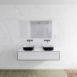 Badkamermeubelset Mondiaz LAGOM 140 Cm Topblad Met Dubbele Wastafel Solid Surface Opzetkom Binx Zonder Kraangaten Mat Zwart (1 Lade)