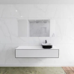 Badkamermeubelset Mondiaz LAGOM 150 Cm Topblad Met Rechtse Wastafel Solid Surface Opzetkom Binx Met 1 Kraangat Mat Zwart (1 Lade)