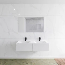 Badkamermeubelset Mondiaz LAGOM 130 Cm Dubbele Waskom Solid Surface Met 2 Kraangaten Mat Wit (2 Laden)