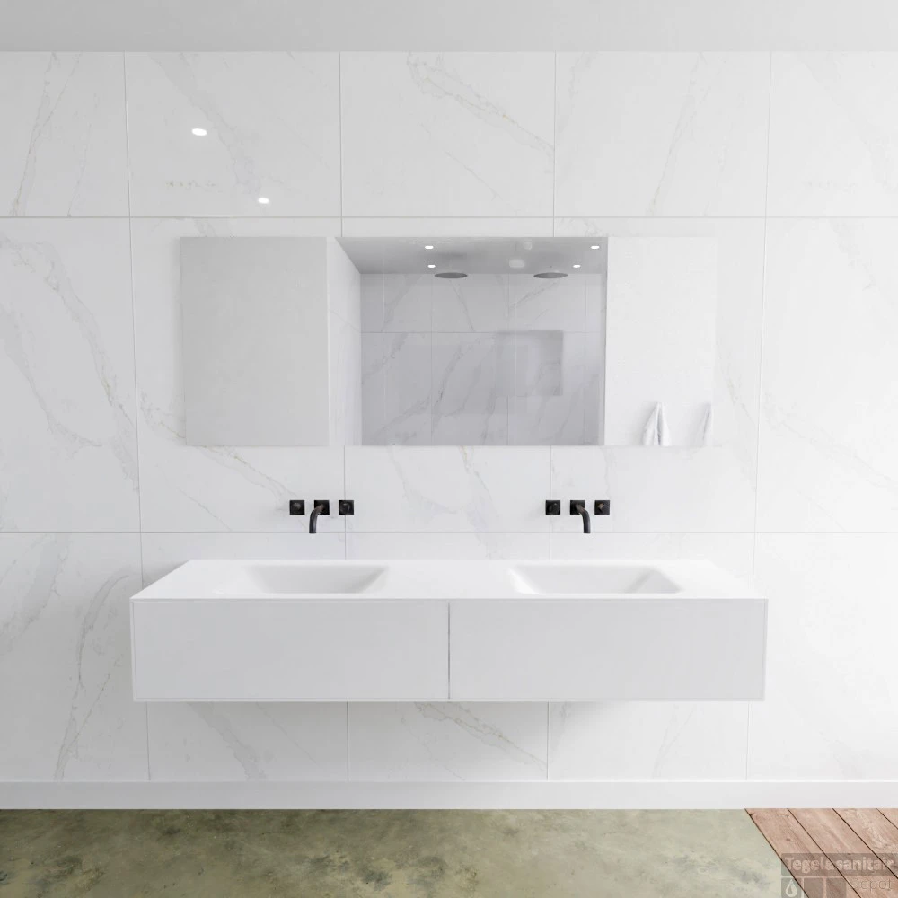 Badkamermeubelset Mondiaz LAGOM 180 Cm Dubbele Waskom Solid Surface Zonder Kraangaten Mat Wit (2 Laden) 1 Badkamermeubelset Mondiaz LAGOM 180 Cm Dubbele Waskom Solid Surface Zonder Kraangaten Mat Wit (2 Laden)