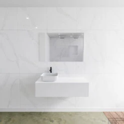 Badkamermeubelset Mondiaz LAGOM 110 Cm Met Topblad Linkse Wastafel Solid Surface Opzetkom Binx Met 1 Kraangat Mat Wit (1 Lade)