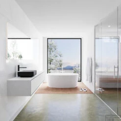 Badkamermeubelset Mondiaz LAGOM 170 Cm Topblad Met Linkse Wastafel Solid Surface Opzetkom Binx Met 1 Kraangaten Mat Zwart (2 Laden) -SEALSKIN Winkel badkamermeubel met solid surface wastafel model lagom side 00200