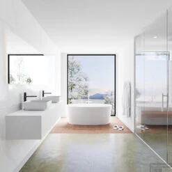 Badkamermeubelset Mondiaz LAGOM 190 Cm Met Topblad Dubbele Wastafel Solid Surface Opzetkom Binx Met 2 Kraangaten Mat Wit (2 Laden) -SEALSKIN Winkel badkamermeubel met solid surface wastafel model lagom side white 00214