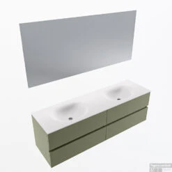 MONDIAZ VICA 160cm Badmeubel Onderkast Army 4 Lades. Wastafel Moon Dubbel 2 Kraangaten, Kleur Talc Met Spiegel LED.