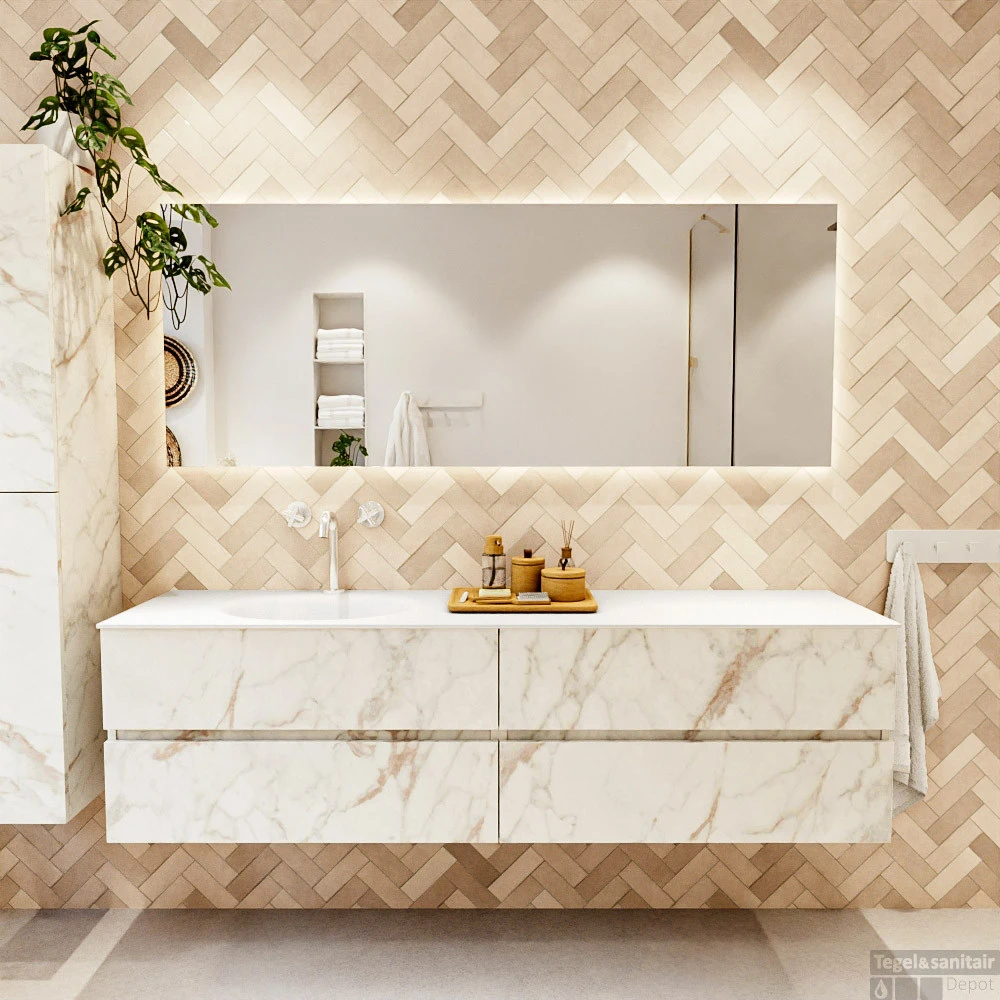 MONDIAZ VICA 180cm Badmeubel Onderkast Carrara 4 Lades. Wastafel Moon Links 1 Kraangat, Kleur Talc Met Spiegel LED. 5 MONDIAZ VICA 180cm Badmeubel Onderkast Carrara 4 Lades. Wastafel Moon Links 1 Kraangat, Kleur Talc Met Spiegel LED. - Afbeelding 5