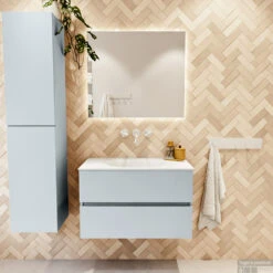 MONDIAZ VICA 80cm Badmeubel Onderkast Clay 2 Lades. Wastafel Moon Midden Zonder Kraangat, Kleur Talc Met Spiegel LED. -SEALSKIN Winkel badkamermeubel vica clay moon talc set1 0007