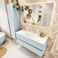 MONDIAZ VICA 120cm Badmeubel Onderkast Clay 2 Lades. Wastafel Moon Midden Zonder Kraangat, Kleur Talc Met Spiegel LED. -SEALSKIN Winkel badkamermeubel vica clay moon talc set2 0026