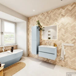 MONDIAZ VICA 80cm Badmeubel Onderkast Clay 2 Lades. Wastafel Moon Midden Zonder Kraangat, Kleur Talc Met Spiegel LED. -SEALSKIN Winkel badkamermeubel vica clay moon talc set4 0007