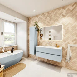 MONDIAZ VICA 120cm Badmeubel Onderkast Clay 2 Lades. Wastafel Moon Midden Zonder Kraangat, Kleur Talc Met Spiegel LED. -SEALSKIN Winkel badkamermeubel vica clay moon talc set4 0026