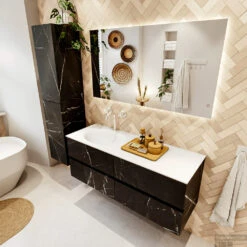 MONDIAZ VICA 130cm Badmeubel Onderkast Marquina 4 Lades. Wastafel MOON Links 1 Kraangat, Kleur Talc. -SEALSKIN Winkel badkamermeubel vica marquina moon talc set2 0060