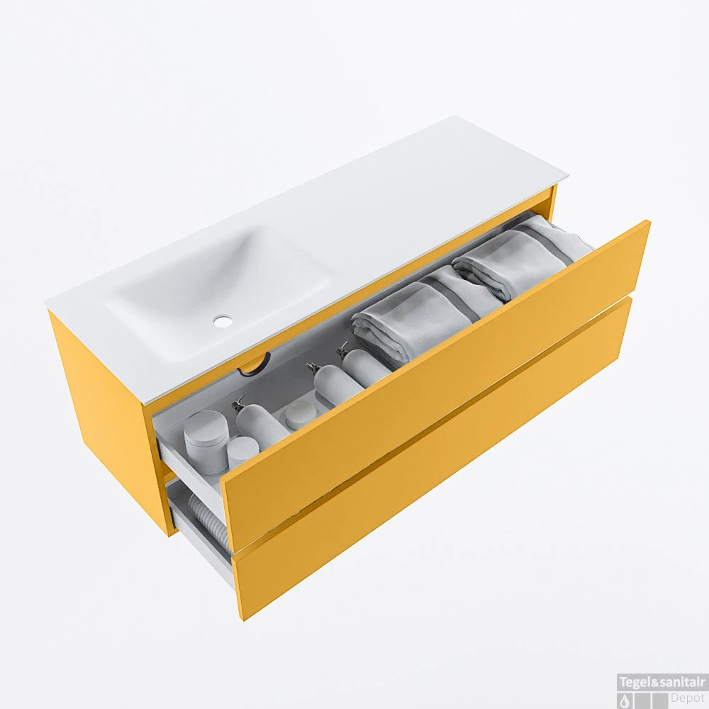 MONDIAZ VICA 140cm Badmeubel Onderkast Ocher 2 Lades. Wastafel CLOUD Links 1 Kraangat, Kleur Talc. 2 MONDIAZ VICA 140cm Badmeubel Onderkast Ocher 2 Lades. Wastafel CLOUD Links 1 Kraangat, Kleur Talc. - Afbeelding 2