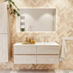 MONDIAZ VICA 120cm Badmeubel Onderkast Underlayment 4 Lades. Wastafel Moon Rechts 1 Kraangat, Kleur Talc Met Spiegel LED. -SEALSKIN Winkel badkamermeubel vica underlayment moon talc set1 0055