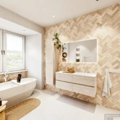 MONDIAZ VICA 120cm Badmeubel Onderkast Underlayment 4 Lades. Wastafel Moon Rechts 1 Kraangat, Kleur Talc Met Spiegel LED. -SEALSKIN Winkel badkamermeubel vica underlayment moon talc set4 0055