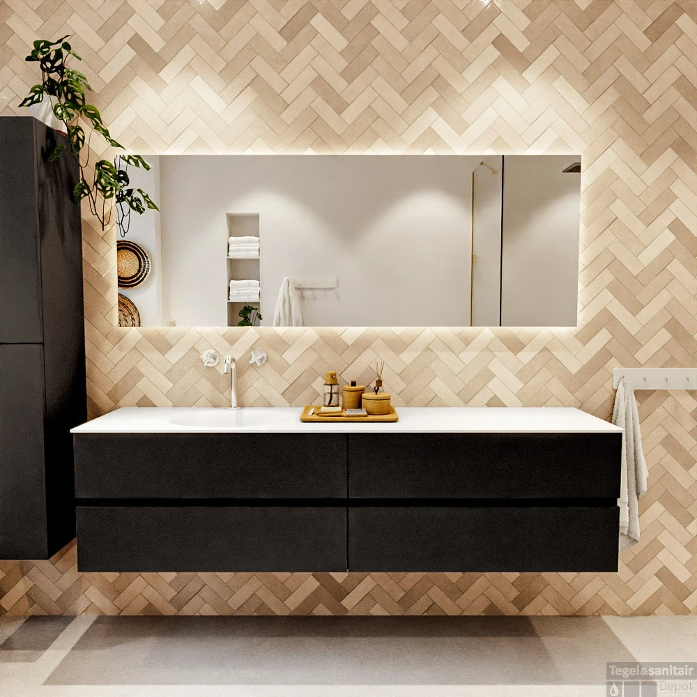 MONDIAZ VICA 190cm Badmeubel Onderkast Urban 4 Lades. Wastafel Moon Links 1 Kraangat, Kleur Talc Met Spiegel LED. 5 MONDIAZ VICA 190cm Badmeubel Onderkast Urban 4 Lades. Wastafel Moon Links 1 Kraangat, Kleur Talc Met Spiegel LED. - Afbeelding 5