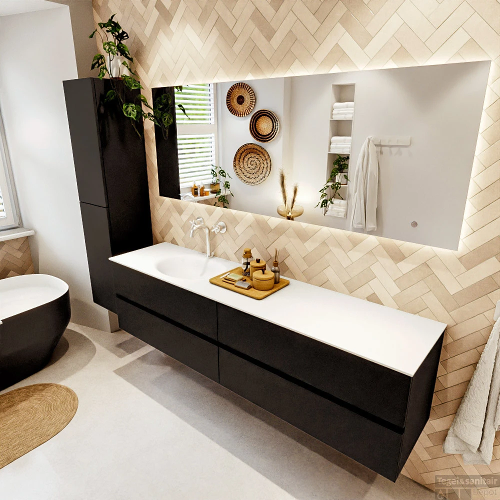 MONDIAZ VICA 190cm Badmeubel Onderkast Urban 4 Lades. Wastafel Moon Links 1 Kraangat, Kleur Talc Met Spiegel LED. 3 MONDIAZ VICA 190cm Badmeubel Onderkast Urban 4 Lades. Wastafel Moon Links 1 Kraangat, Kleur Talc Met Spiegel LED. - Afbeelding 3