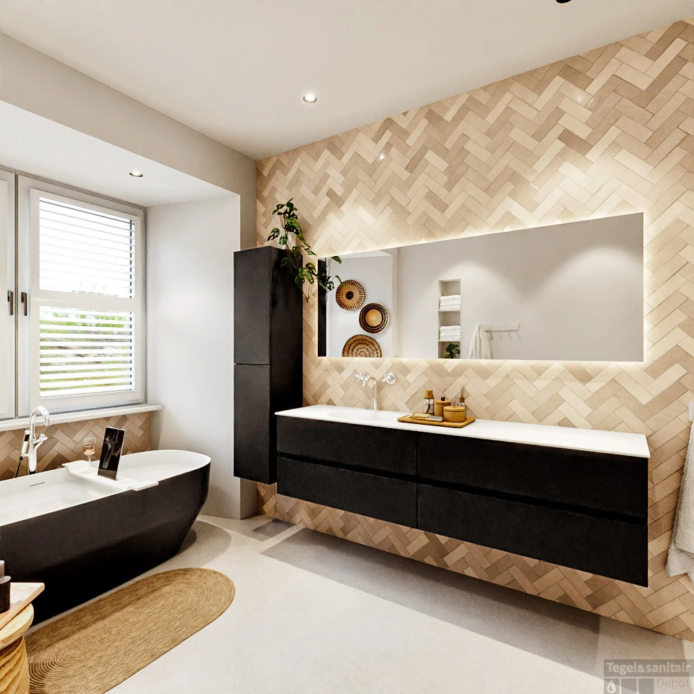 MONDIAZ VICA 190cm Badmeubel Onderkast Urban 4 Lades. Wastafel Moon Links 1 Kraangat, Kleur Talc Met Spiegel LED. 7 MONDIAZ VICA 190cm Badmeubel Onderkast Urban 4 Lades. Wastafel Moon Links 1 Kraangat, Kleur Talc Met Spiegel LED. - Afbeelding 7