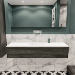 Badkamermeubel BWS Madrid Antraciet 150x45x30 Cm Mat Witte Solid Surface Wastafel (0 Kraangaten)