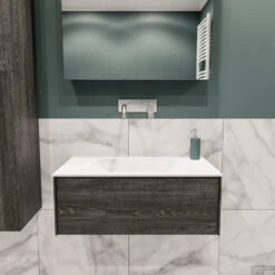 Badkamermeubel BWS Madrid Antraciet 80x45x30 Cm Mat Witte Solid Surface Wastafel (0 Kraangaten)