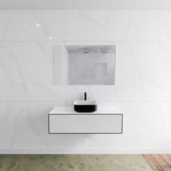 Badkamermeubelset Mondiaz LAGOM 110 Cm Topblad Met Gecentreerde Wastafel Solid Surface Opzetkom Binx Met 1 Kraangat Mat Zwart (1 Lade)