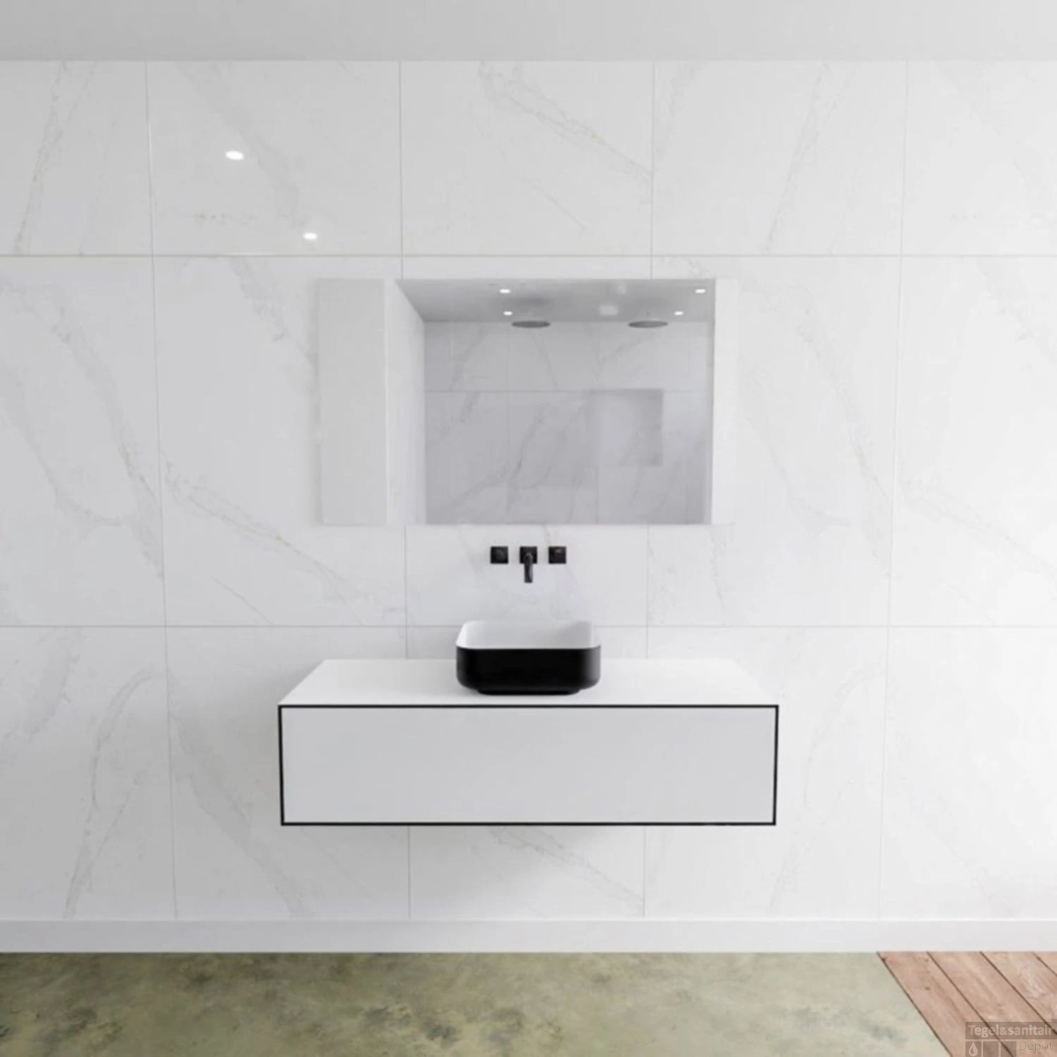 Badkamermeubelset Mondiaz LAGOM 120 Cm Topblad Met Gecentreerde Wastafel Solid Surface Opzetkom Binx Zonder Kraangaten Mat Zwart (1 Lade)