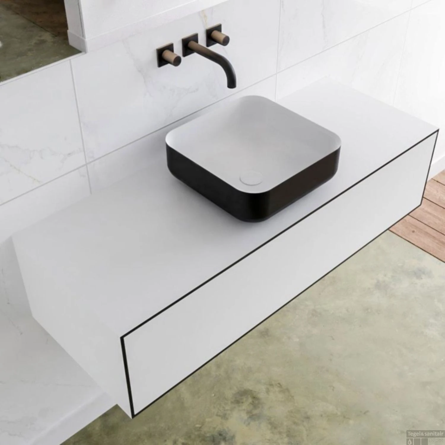 Badkamermeubelset Mondiaz LAGOM 120 Cm Topblad Met Gecentreerde Wastafel Solid Surface Opzetkom Binx Zonder Kraangaten Mat Zwart (1 Lade) - Afbeelding 3