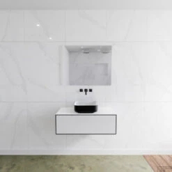 Badkamermeubelset Mondiaz LAGOM 90 Cm Topblad Met Gecentreerde Wastafel Solid Surface Opzetkom Binx Zonder Kraangat Mat Zwart (1 Lade)