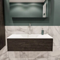 Badkamermeubel BWS Madrid Dark Brown 100x45x30 Cm Mat Witte Solid Surface Wastafel (1 Kraangat)