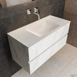 Badkamermeubel BWS Valencia Carrara Mat 100 Cm Solid Surface Wastafel (0 Kraangaten, 2 Lades) -SEALSKIN Winkel badmeubel bws madrid 100 keramiek midden 0krg detail1