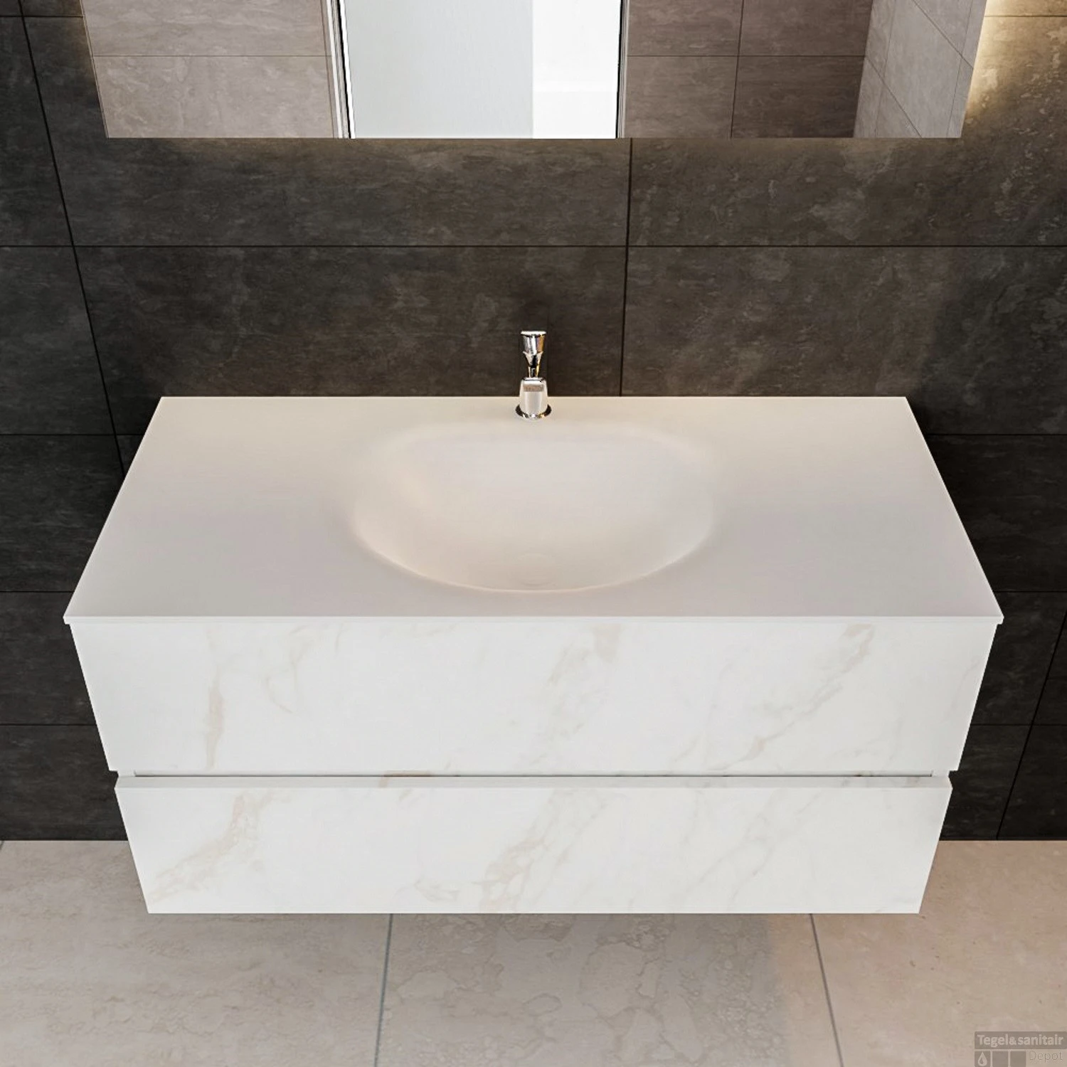 Badkamermeubel BWS Madrid Carrara Mat 100 Cm Solid Surface Wastafel Links (0 Kraangaten, 2 Lades) 2 Badkamermeubel BWS Madrid Carrara Mat 100 Cm Solid Surface Wastafel Links (0 Kraangaten, 2 Lades) - Afbeelding 2