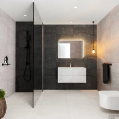 Badkamermeubel BWS Madrid Carrara Mat 100 Cm Solid Surface Wastafel Links (0 Kraangaten, 2 Lades)