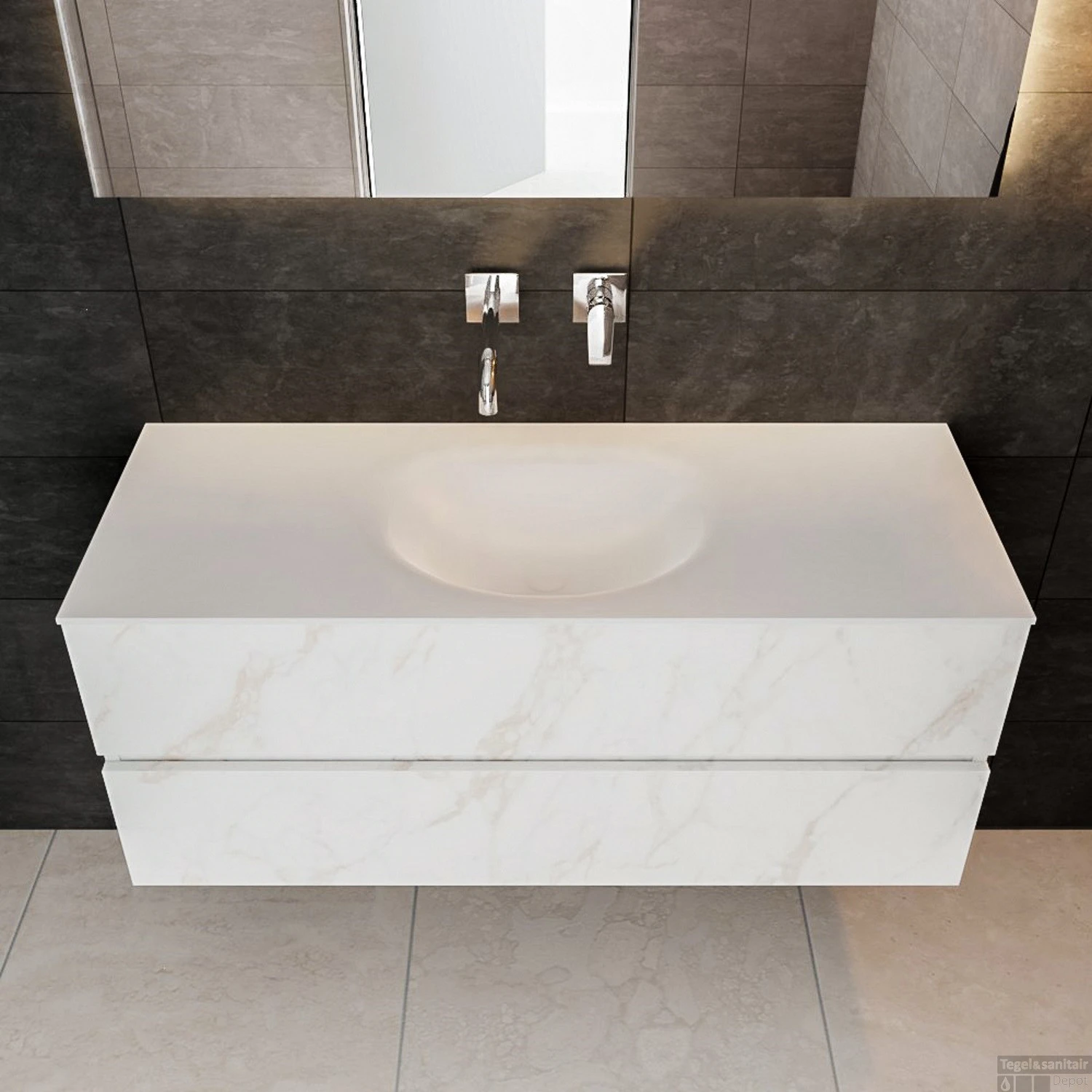 Badkamermeubel BWS Madrid Carrara Mat 120 Cm Solid Surface Wastafel (0 Kraangaten, 2 Lades) 2 Badkamermeubel BWS Madrid Carrara Mat 120 Cm Solid Surface Wastafel (0 Kraangaten, 2 Lades) - Afbeelding 2