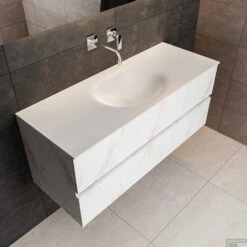 Badkamermeubel BWS Madrid Carrara Mat 120 Cm Solid Surface Wastafel (0 Kraangaten, 2 Lades) 6 Badkamermeubel BWS Madrid Carrara Mat 120 Cm Solid Surface Wastafel (0 Kraangaten, 2 Lades) -SEALSKIN Winkel badmeubel bws madrid 120 solid surface midden 0krg detail1