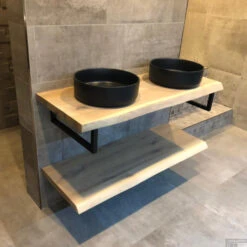 Badkamermeubel BWS Woodstone Twee Bovenbladen Met Boomstamkant 120 Cm (met Beugels En Waskommen) -SEALSKIN Winkel badmeubelset bws woodstone 120 cm twee planken zwarte waskommen sfeer