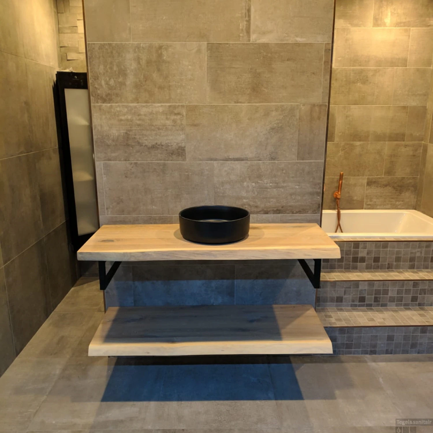 Badkamermeubel BWS Woodstone Twee Bovenbladen Met Boomstamkant 60 Cm (met Beugels En Waskom) 7 Badkamermeubel BWS Woodstone Twee Bovenbladen Met Boomstamkant 60 Cm (met Beugels En Waskom) - Afbeelding 7