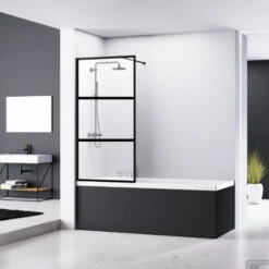 Badwand Van Rijn ST04 Helder Glas 8 Mm 3 Delen Aluminium Zwart Profiel 80x160 Cm