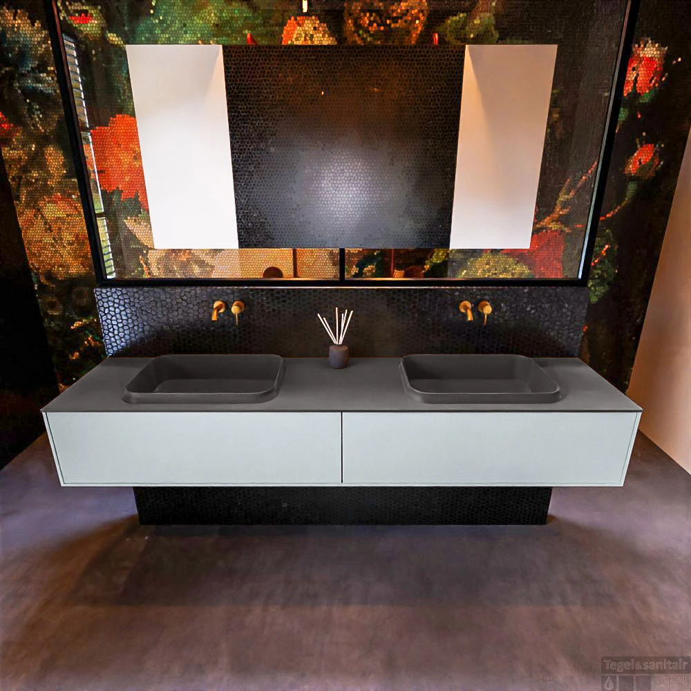 Badkamermeubelset Mondiaz Erin 200 Cm Met 2 Lades Met RIDGE Wastafel Dubbel Dark Grey Zonder Kraangaten Greeploos Mat Clay 1 Badkamermeubelset Mondiaz Erin 200 Cm Met 2 Lades Met RIDGE Wastafel Dubbel Dark Grey Zonder Kraangaten Greeploos Mat Clay