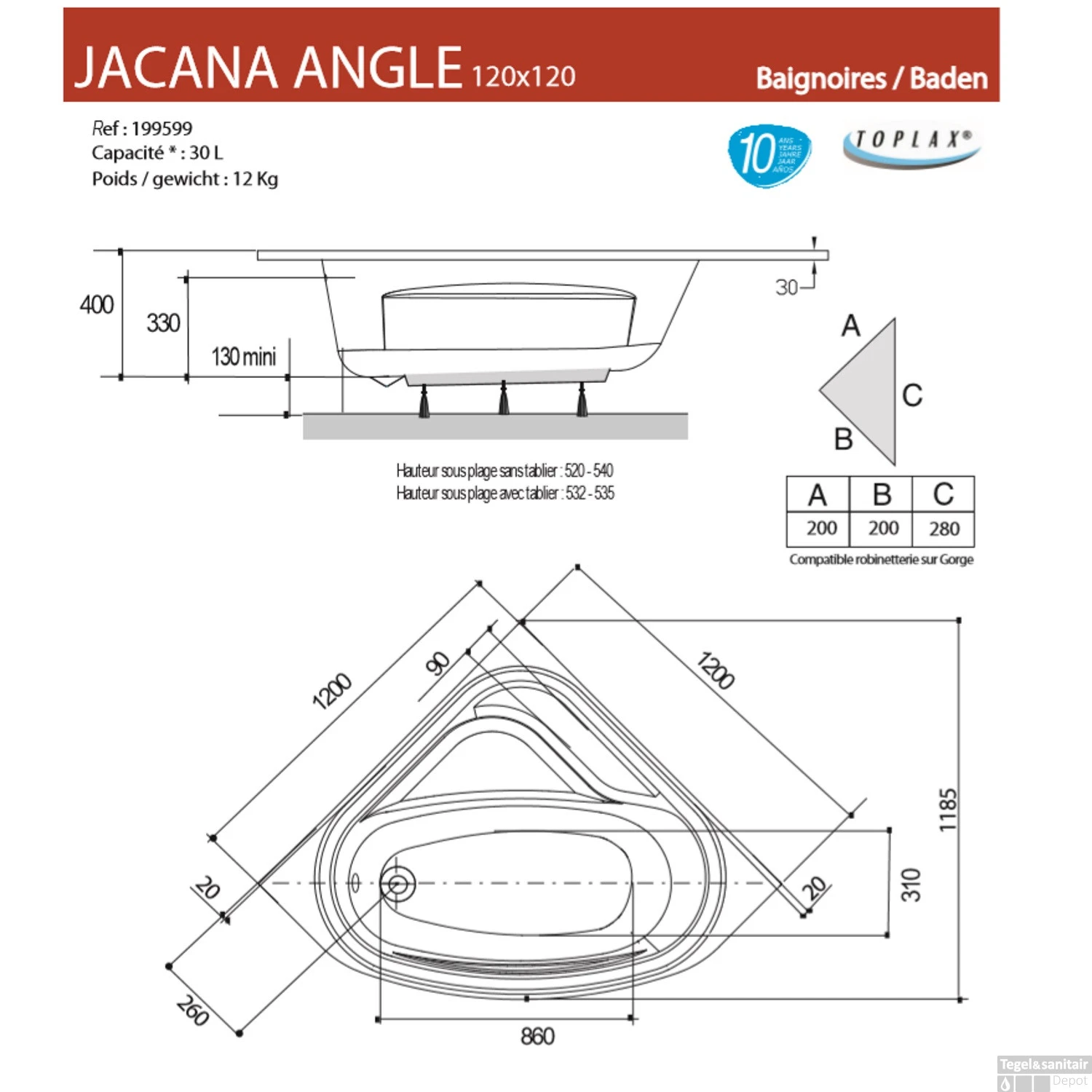 Hoekbad Allibert Jacana 120x120 Cm 2 Hoekbad Allibert Jacana 120x120 Cm - Afbeelding 2