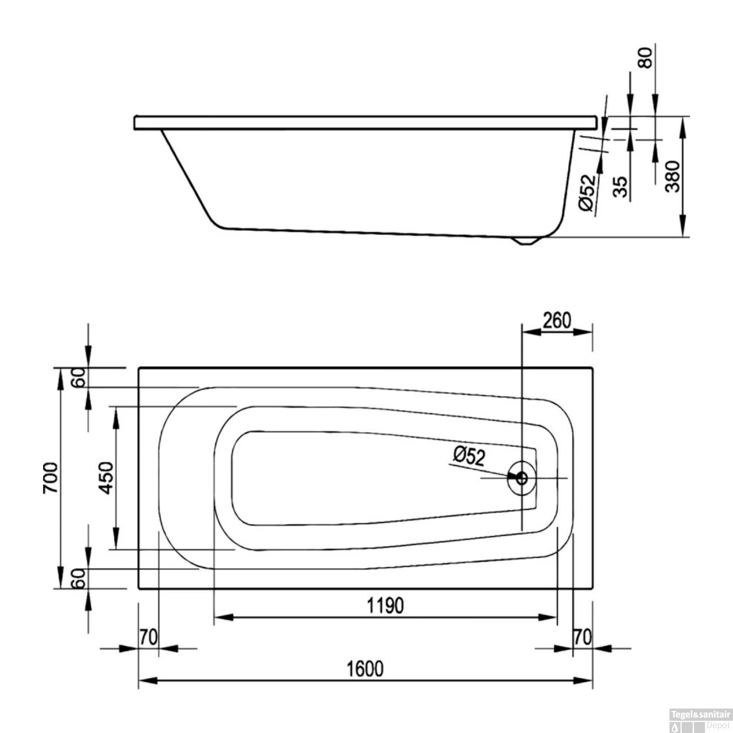 Ligbad VMK Go Todi Bad 160x70x38 Cm Incl. Poten Acryl Wit 2 Ligbad VMK Go Todi Bad 160x70x38 Cm Incl. Poten Acryl Wit - Afbeelding 2