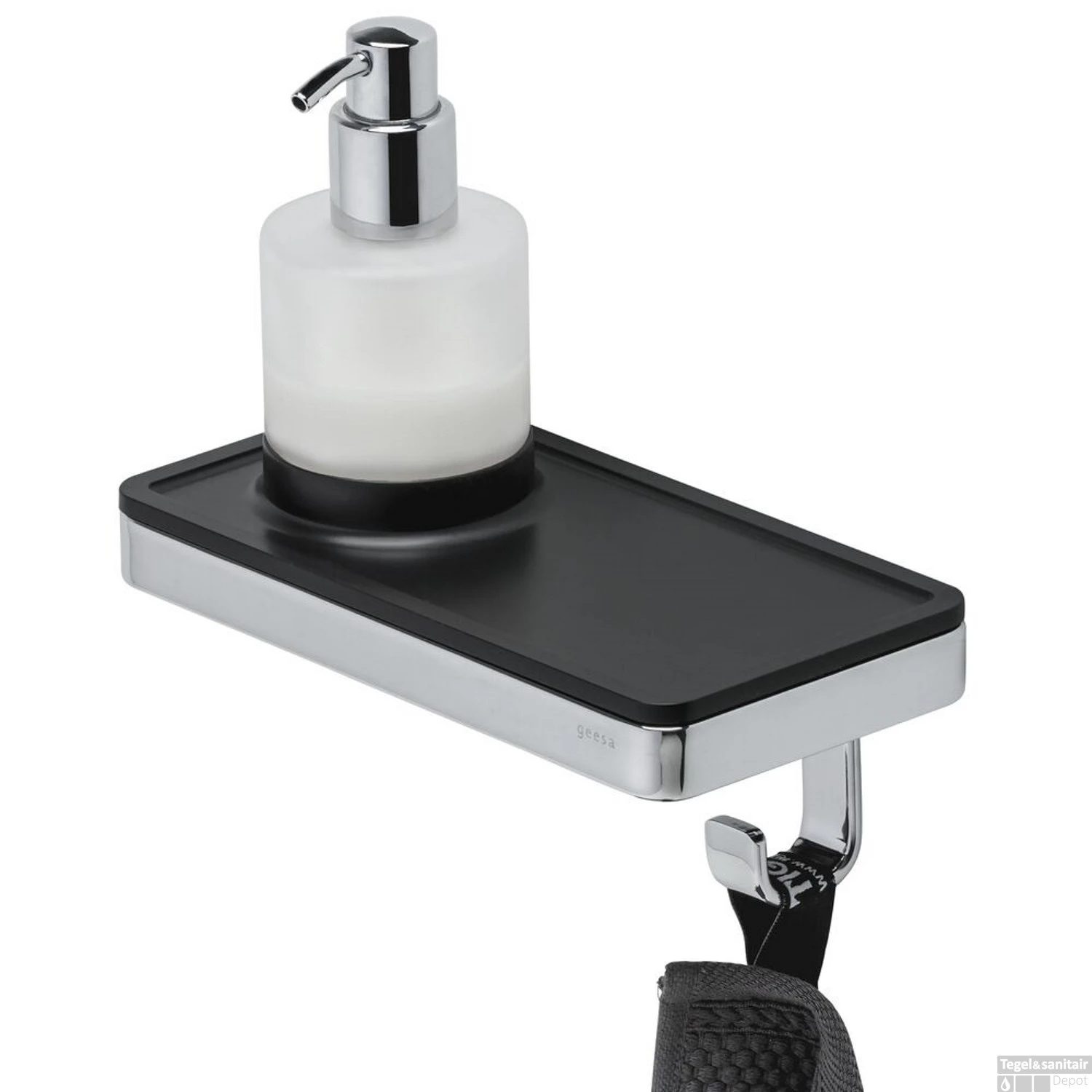 Planchet Met Zeepdispenser En Handdoekhaak Geesa Frame Zwart Chroom 1 Planchet Met Zeepdispenser En Handdoekhaak Geesa Frame Zwart Chroom