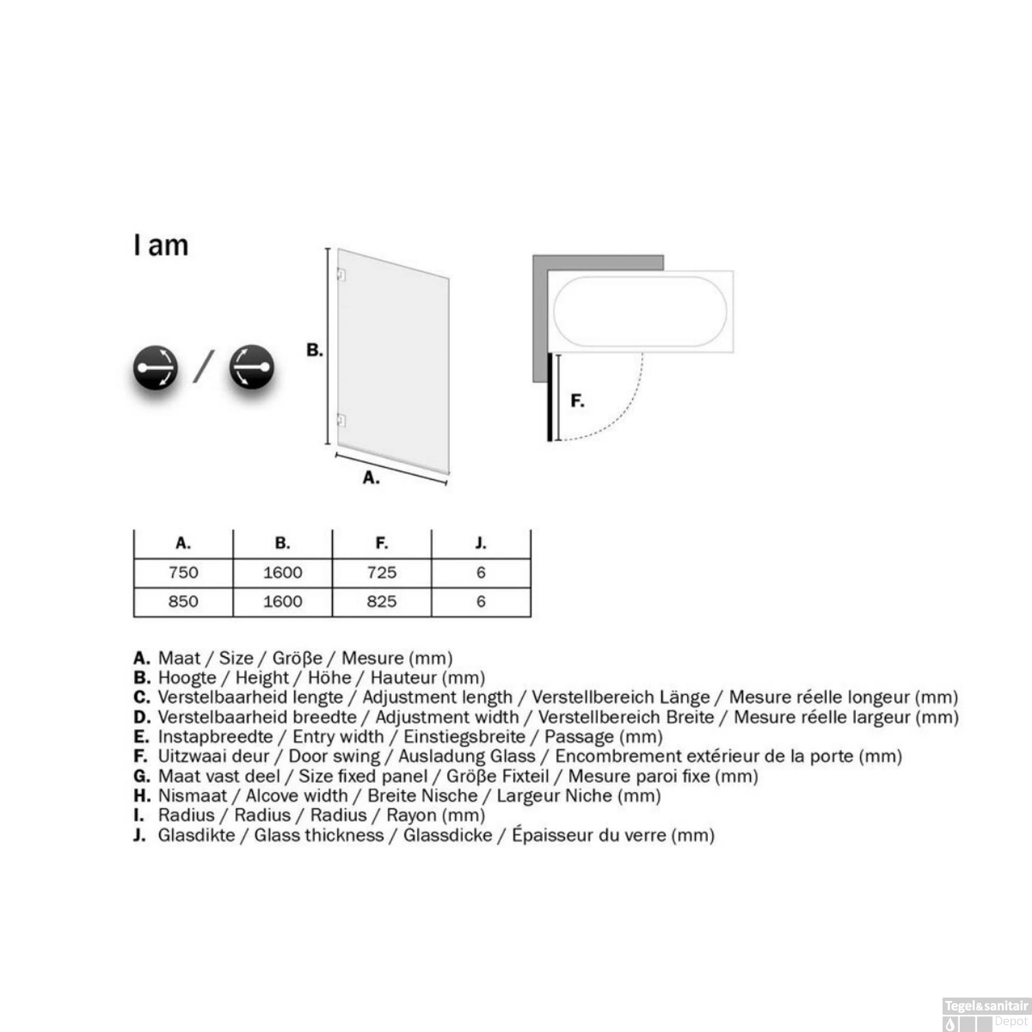 Badwand Sealskin 'I AM' 85x160 Cm Mat Zwart 1 Deel Helder Antikalk Glas - Afbeelding 4