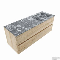 MONDIAZ VICA-DLUX 130cm Badmeubel Onderkast Washed Oak 2 Lades. Inbouw Wastafel CLOUD Rechts Zonder Kraangat, Kleur Lava, En Spiegel Model SPOT