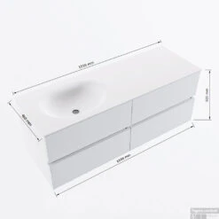 MONDIAZ VICA 130cm Badmeubel Onderkast Marquina 4 Lades. Wastafel MOON Links 1 Kraangat, Kleur Talc. -SEALSKIN Winkel vicamoon130links4maattekening 12526264451770