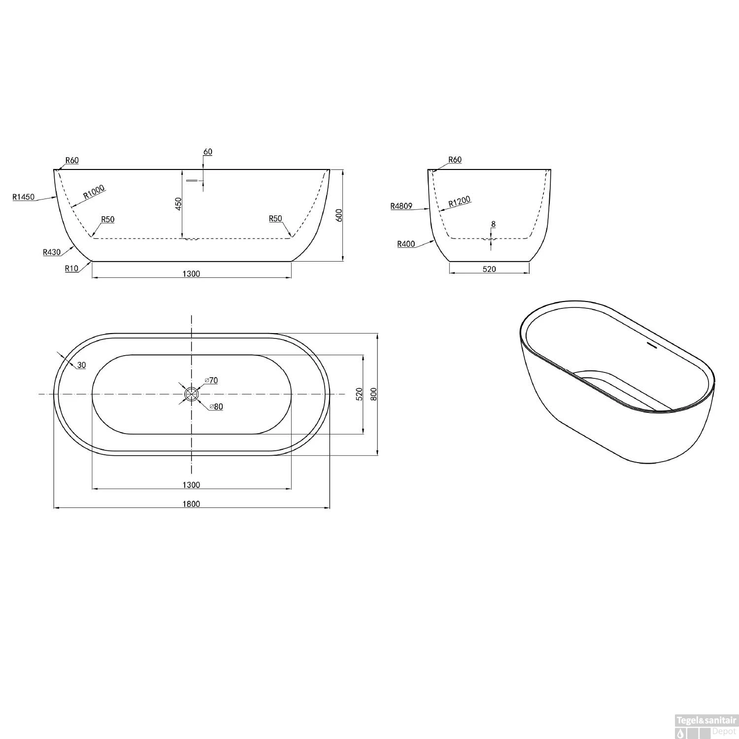 Vrijstaand Ligbad Luca Sanitair Primo Acryl 180x80x60 Cm Mat Wit (inclusief Afvoer En Sifon) 4 Vrijstaand Ligbad Luca Sanitair Primo Acryl 180x80x60 Cm Mat Wit (inclusief Afvoer En Sifon) - Afbeelding 4